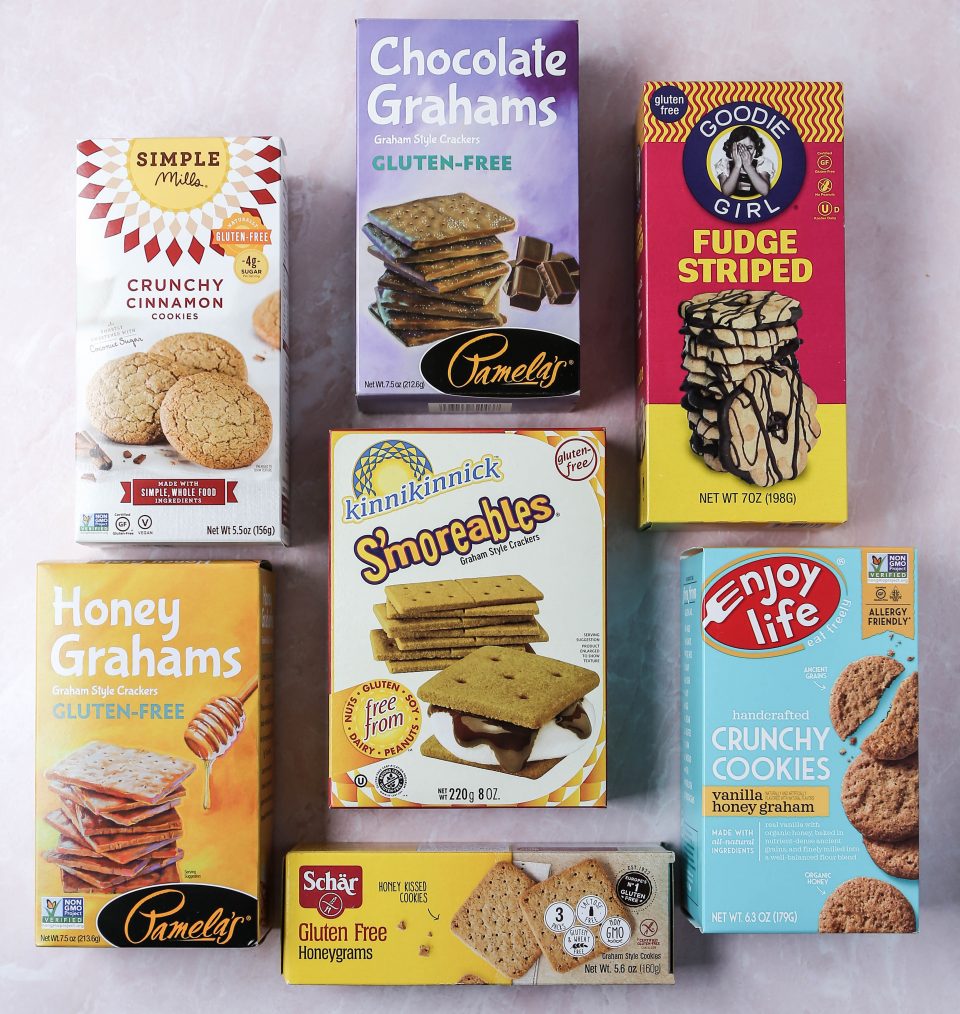 Graphic of gluten-free cookies/crackers for s'mores.