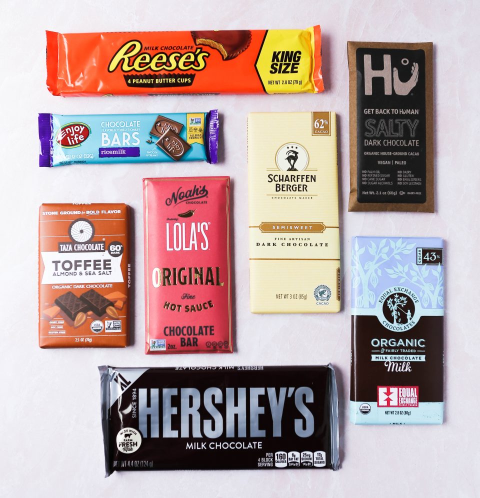 Graphic of different types/flavors of chocolate bars that can be used for gluten-free s'mores.